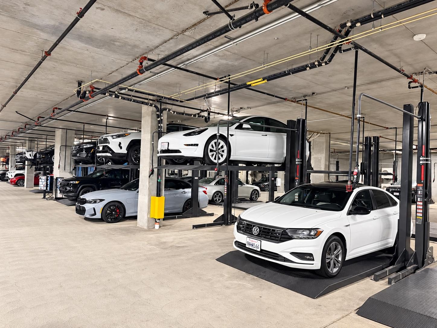 Rows of Double Stackers in a residential parking garage in Santa Monica