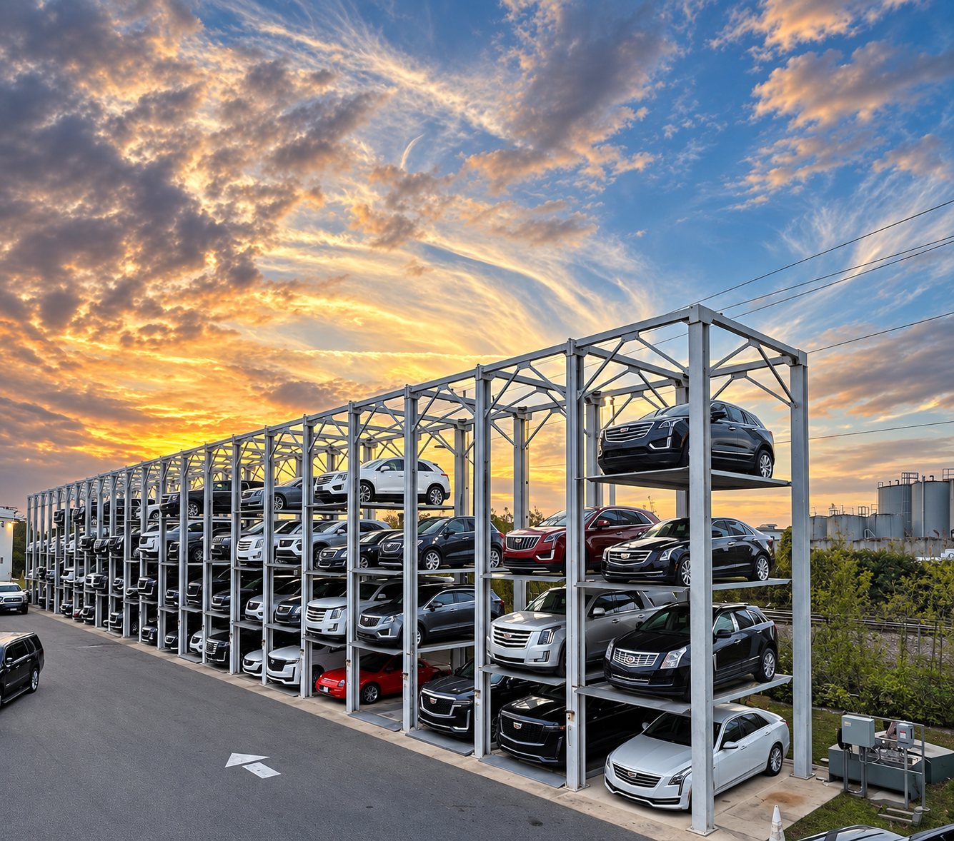An outdoor run of four-level Quad Stackers filled with vehicles at sunset in Miami, Florida