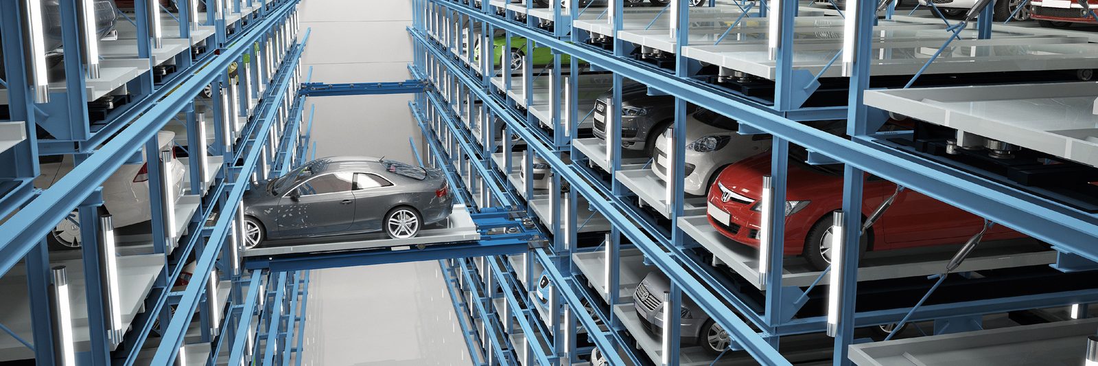 Rail carts positioned across a multi-level rack and rail facility