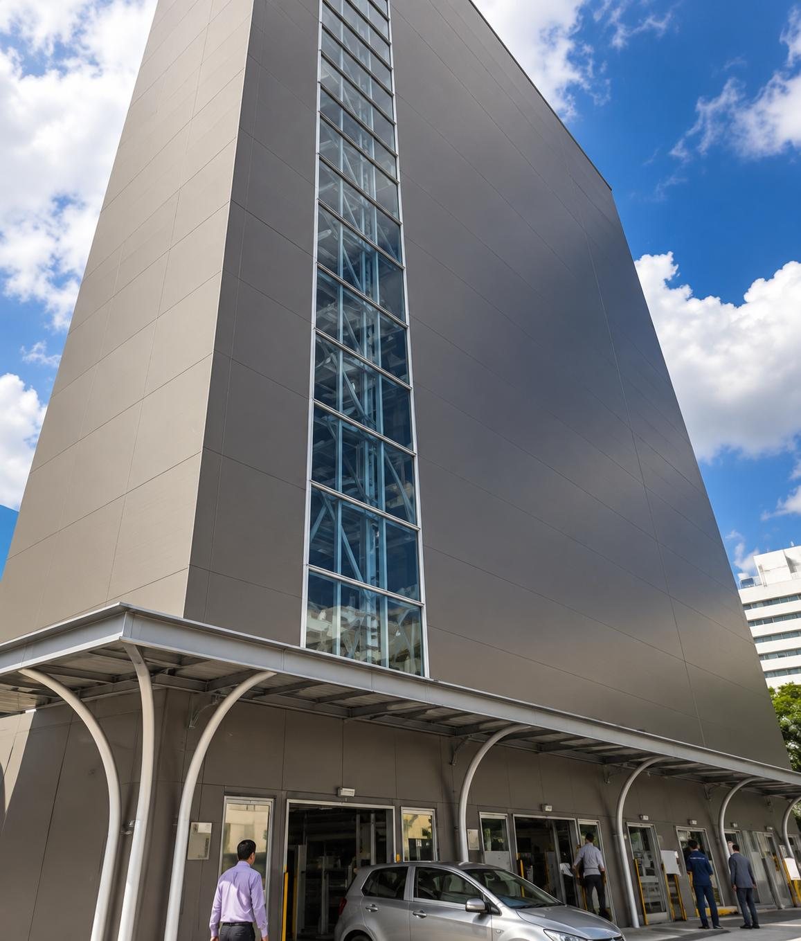 A clad Tower parking system rising above its street-level entry canopy